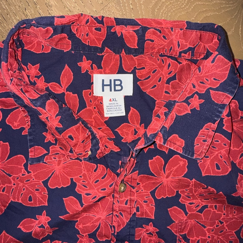 HB Mens 4XL Floral Button Down Shirt Red Navy Tropical Hibiscus Short Sleeve - Picture 2 of 4